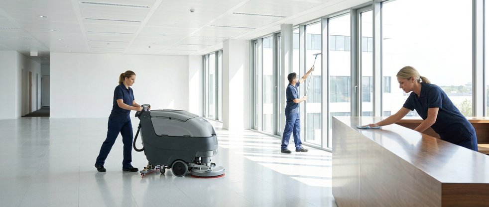 Commercial cleaners cleaning a modern office lobby with floor scrubber, windows, and reception desk