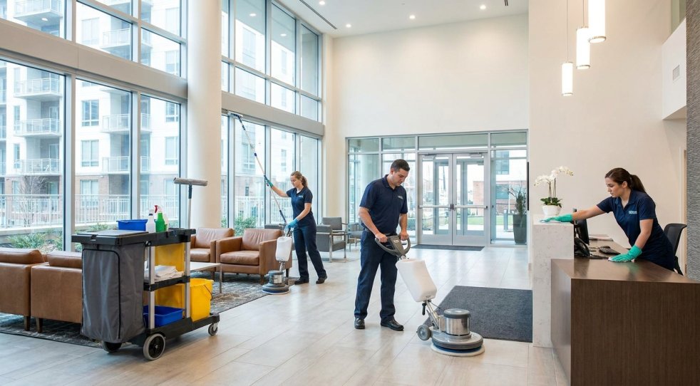 Cleaning crew maintaining an apartment complex lobby with floor buffer, cart, and front desk
