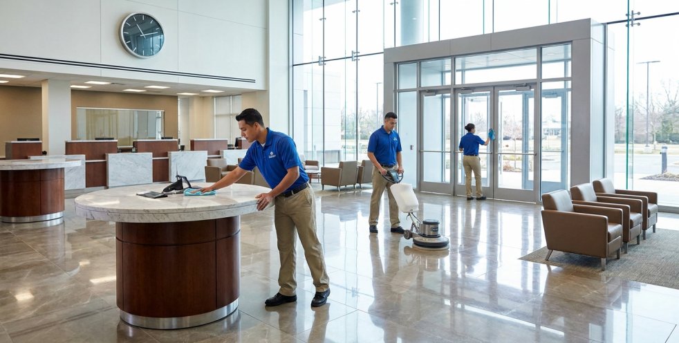 Cleaning crew polishing floors and wiping surfaces in a bright bank lobby